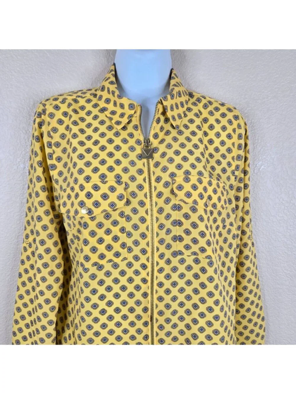 Michael Kors Womens Yellow Patterned Zip Front Blouse Size M